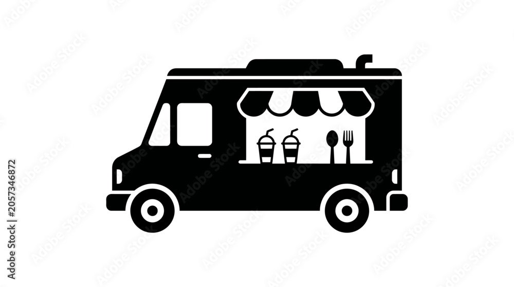 Fototapeta premium Silhouette of an ice cream truck with customers at the service window, a mobile dessert cart on wheels serving frozen treats