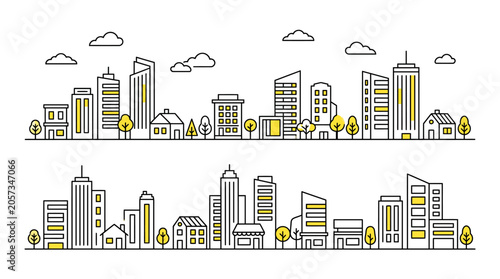 Minimalist city skyline illustration with modern skyscrapers, residential buildings, trees, and subtle yellow accents in clean line art style