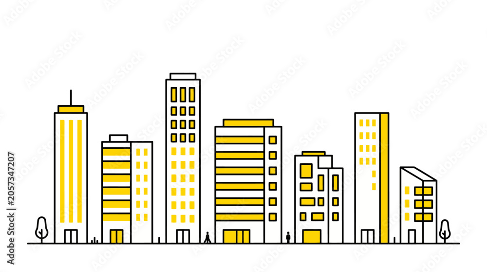 Obraz premium Minimalist city skyline illustration featuring modern yellow-accented buildings in a clean vector style.