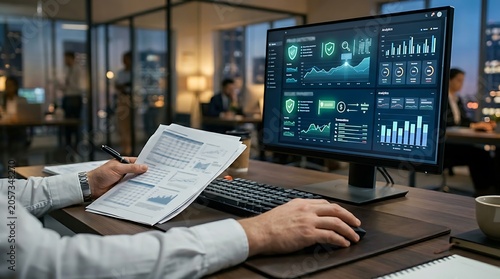 Professional examining printed financial documents while using digital analytics dashboard.