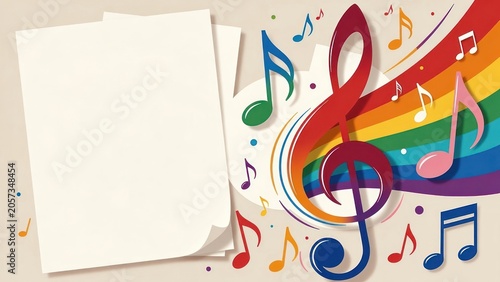 Colorful musical notes and treble clef with empty space for text on a bright background