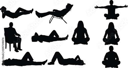 People silhouettes in seated and reclining positions, vector illustration for posture, relaxation, meditation, ergonomics, lifestyle, and creative design projects