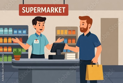 Cheerful Supermarket Checkout Scene with Friendly Cashier and Customer Engaging in Conversation