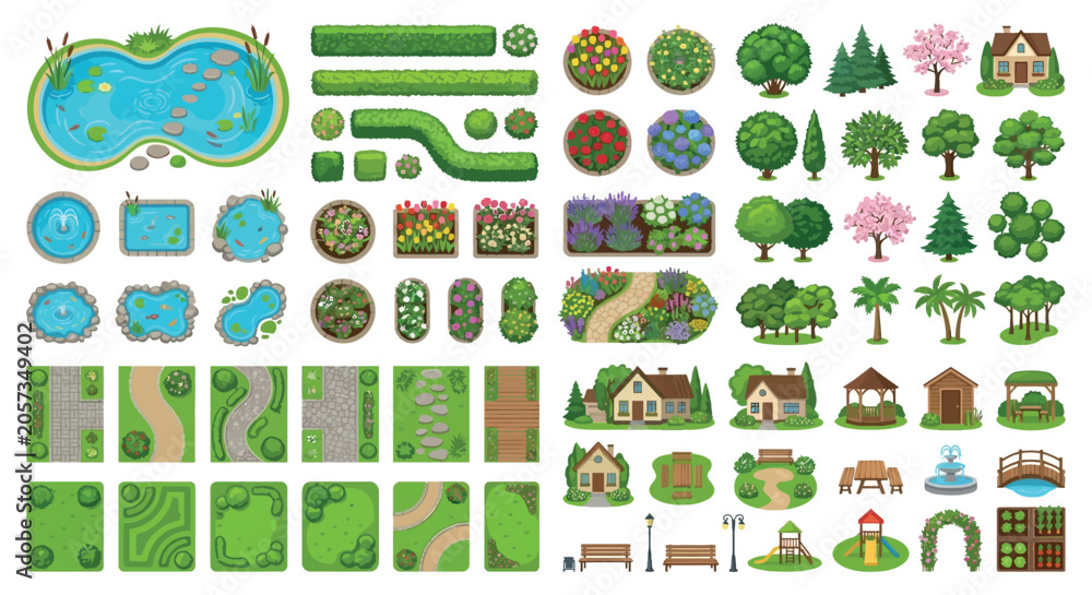 Fototapeta premium Garden Elements Vector Illustration With Trees Ponds And Pathways