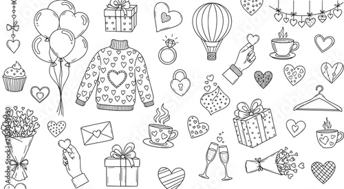  Romantic doodle vector illustration icon, black and white design featuring hearts, gifts, balloons, flowers, and celebration concept