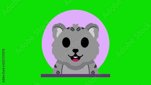 Cute 2D animated white tiger or grey leopard head smiling inside a purple circle frame with a green background.