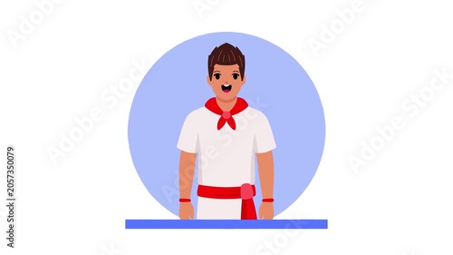Flat design animation of a young man wearing a white shirt with a red neck scarf on a blue background.