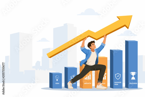 Foto Person lifting heavy rising growth arrow for startup business effort and breakth