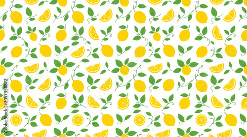 Tableau sur toile Bright Lemons and Green Leaves Pattern with Yellow Citrus Motif on White Background