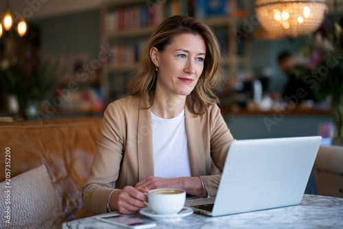 Professional woman working remotely from stylish cafe, laptop and coffee, authentic modern lifestyle, 