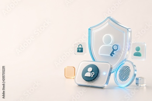 Premium 3D glassmorphism illustration of a shield, passkey, fingerprint ring and secure identity tokens. Passwordless login and digital identity security hero concept.