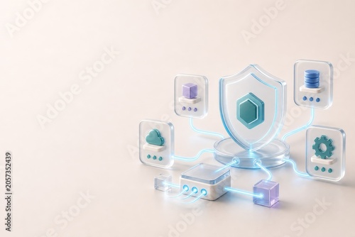 Premium 3D glassmorphism illustration of a shield hub, connected endpoint nodes and glowing secure paths. API security and developer platform protection hero concept.
