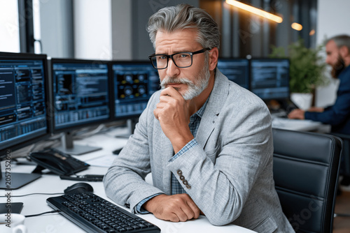 Professional cybersecurity expert monitoring data protection systems in a modern office, 