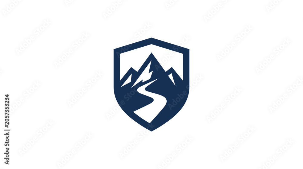 Fototapeta premium Minimalist Shield Logo with Mountain Peak and Winding Path