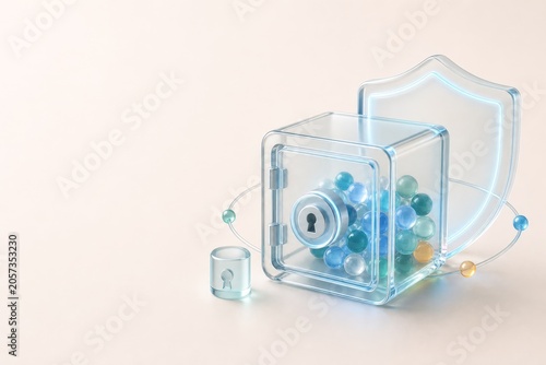 Premium 3D glassmorphism illustration of a transparent vault cube, privacy shield and protected data beads. Data privacy, compliance and secure information hero concept.