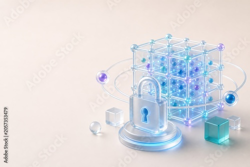 Premium 3D glassmorphism illustration of a lattice cube, glass lock and protected particle grid. Post quantum encryption and future data protection hero concept.