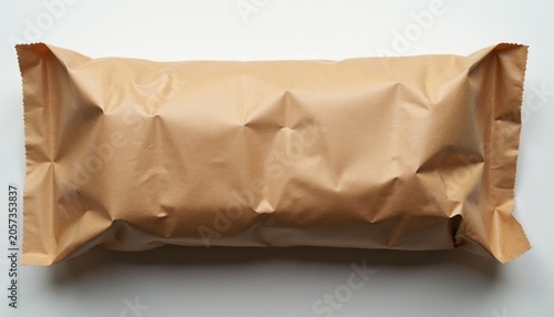Brown paper parcel looks crumpled and folded. Flat lay object placed on white background. Ready for shipping or unboxing. Surprise gift inside.
