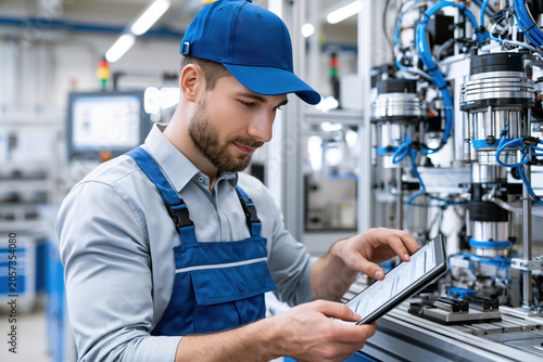 Engineer monitoring automated manufacturing equipment.