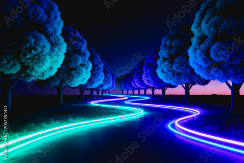 A futuristic night landscape featuring a winding neon light path flanked by symmetrical trees under a twilight sky.