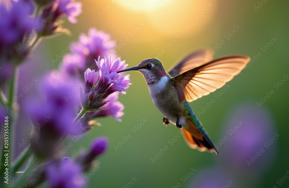 Fototapeta premium Tiny hummingbird hovers near purple flower drinking nectar. Bird wings beat fast in sunlight. Wildlife nature scene with small bird in flight during golden hour. Fauna insect feeding on bloom.