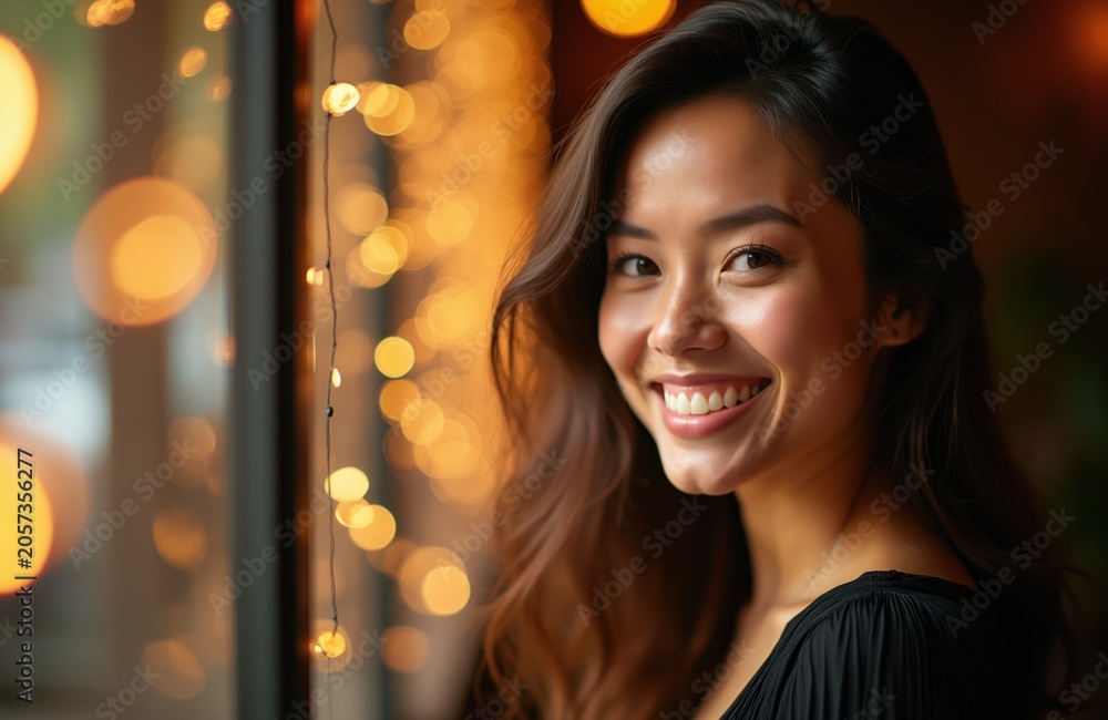 Fototapeta premium Young Asian woman with bright smile poses near window with bokeh lights. She looks happy and friendly, with warm expression and healthy glow. Natural beauty, elegant simplicity, positive vibe.