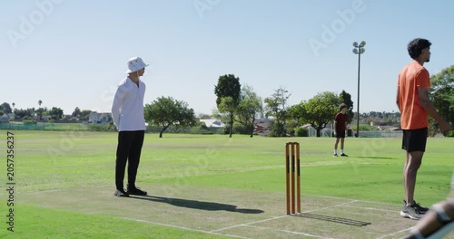 Indian umpire signaling bowler on pitch, batsman tapping stumps walking away, copy space