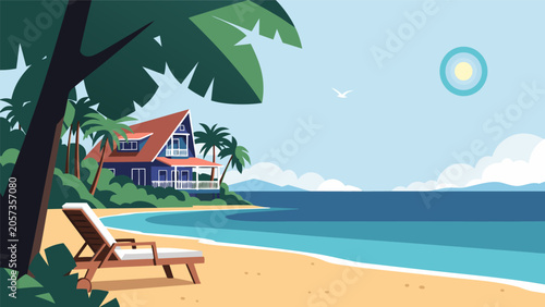 Φωτογραφία A serene beach scene with a house, lounge chair, and palm trees under a sunny sky