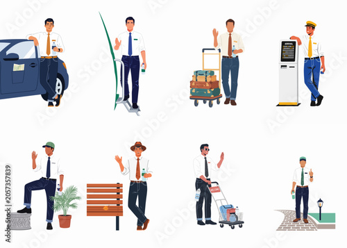 Collection of travel assistant illustrations featuring a man in various hospitality roles like airport greeter, driver, and luggage porter.