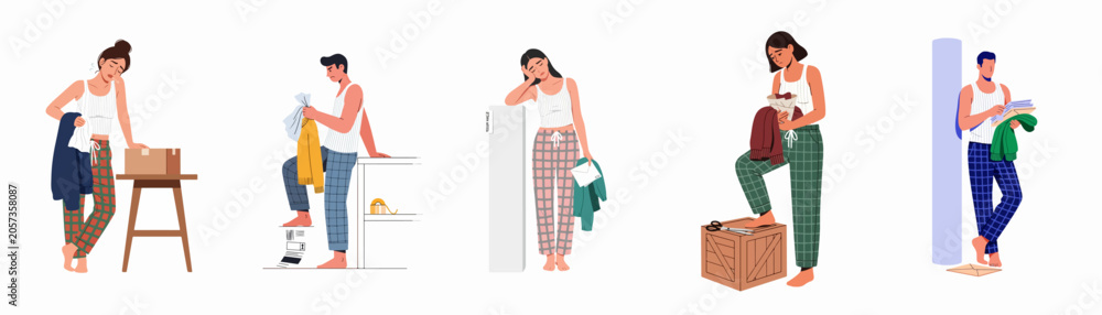 Fototapeta premium Set of diverse people in pajamas feeling tired, sad, or overwhelmed while handling daily chores like laundry and mail at home.