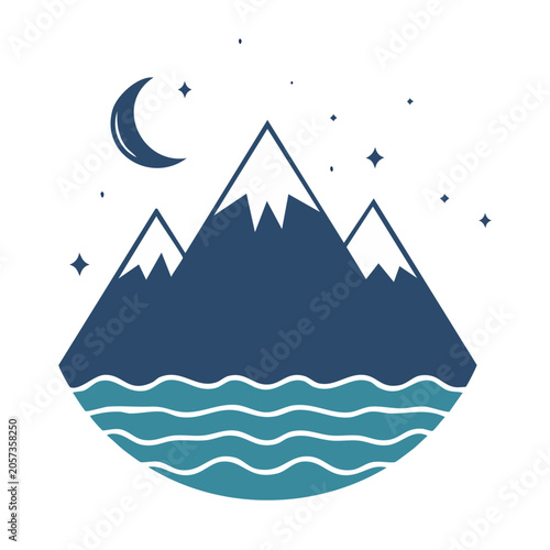 Flat color vector illustration of a mountain with snow