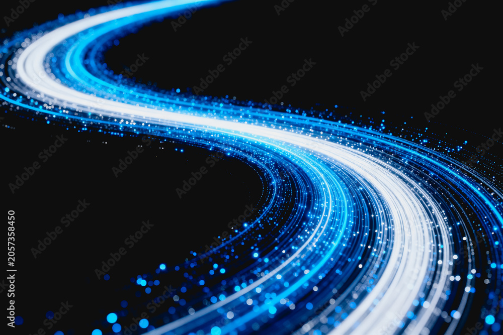 Fototapeta premium A dynamic curved stream of glowing blue and white light particles, forming a futuristic digital abstract pattern against a dark background.