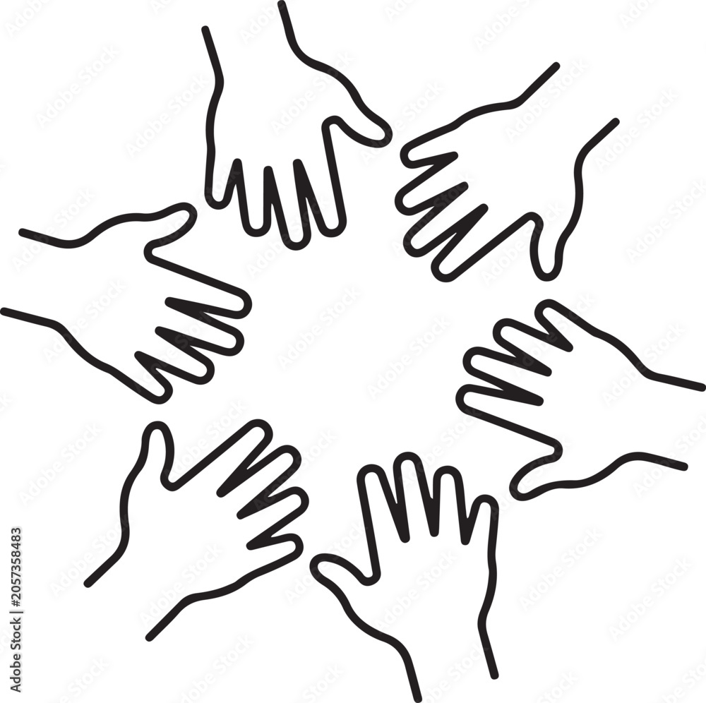 Fototapeta premium Illustration of multiple hands coming together in a circle for teamwork and unity Vector. one line Icon drawing. Editable stroke
