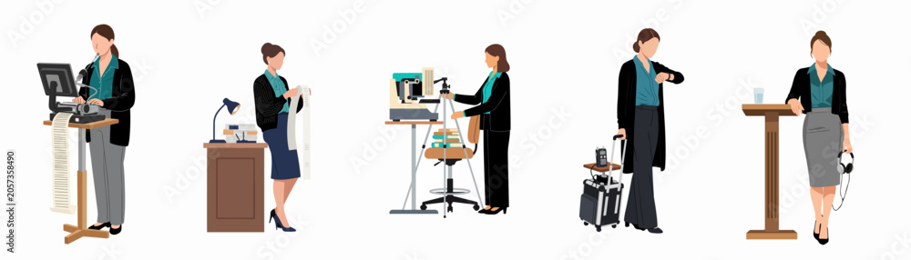 Obraz premium Set of illustrations depicting a professional female court reporter and stenographer performing various tasks like typing, reviewing transcripts, and traveling for work.