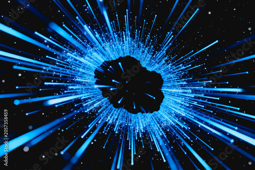 A dark rocky asteroid is surrounded by radiating bright blue light beams in the vast deep space. This is a digital visual effect depicting cosmic energy and celestial motion.