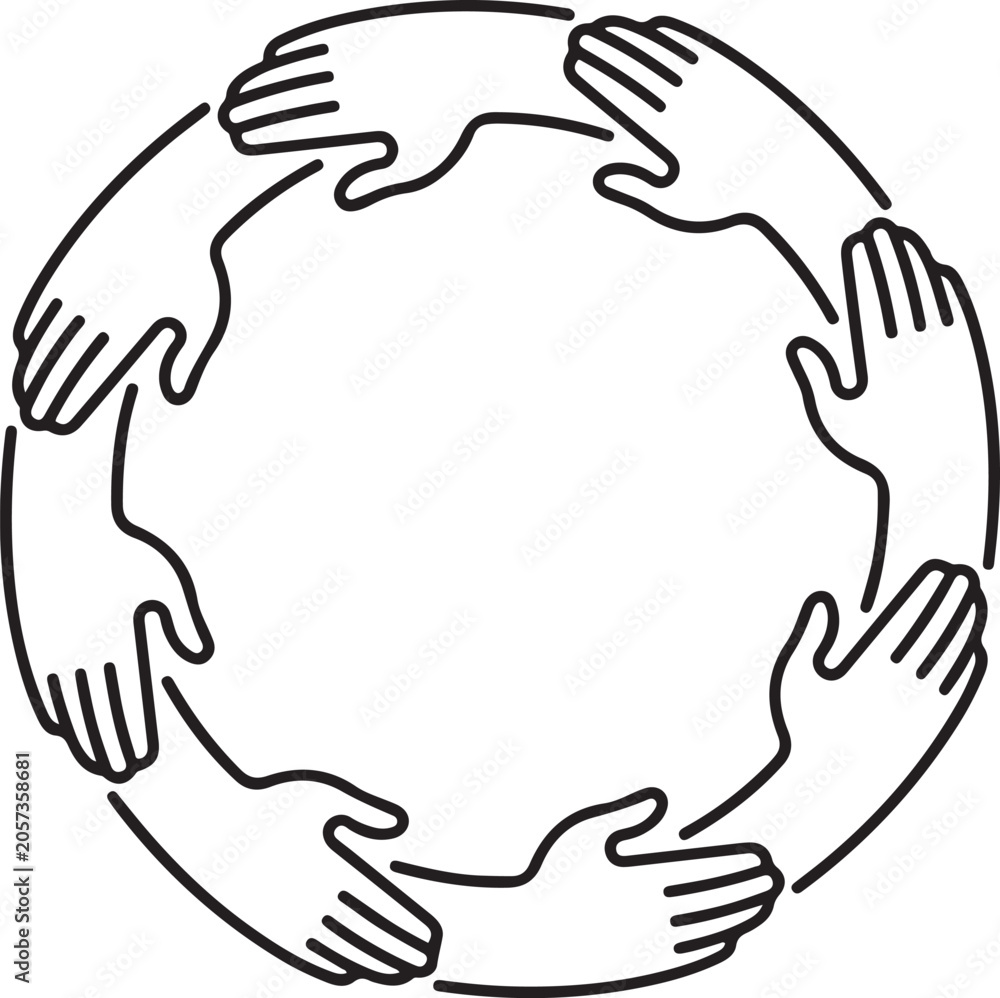 Obraz premium Illustration of multiple hands coming together in a circle for teamwork and unity Vector. one line Icon drawing. Editable stroke