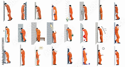 Fotografie Set of vector illustrations depicting various scenes of a prisoner in an orange jumpsuit experiencing different emotions and daily routines in jail