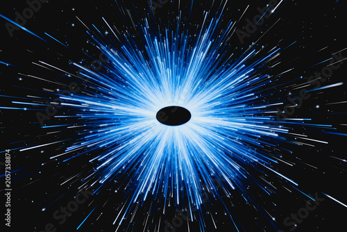 A dark black hole at the center of radial blue light streaks, set against deep space backdrop, illustrating cosmic phenomena.