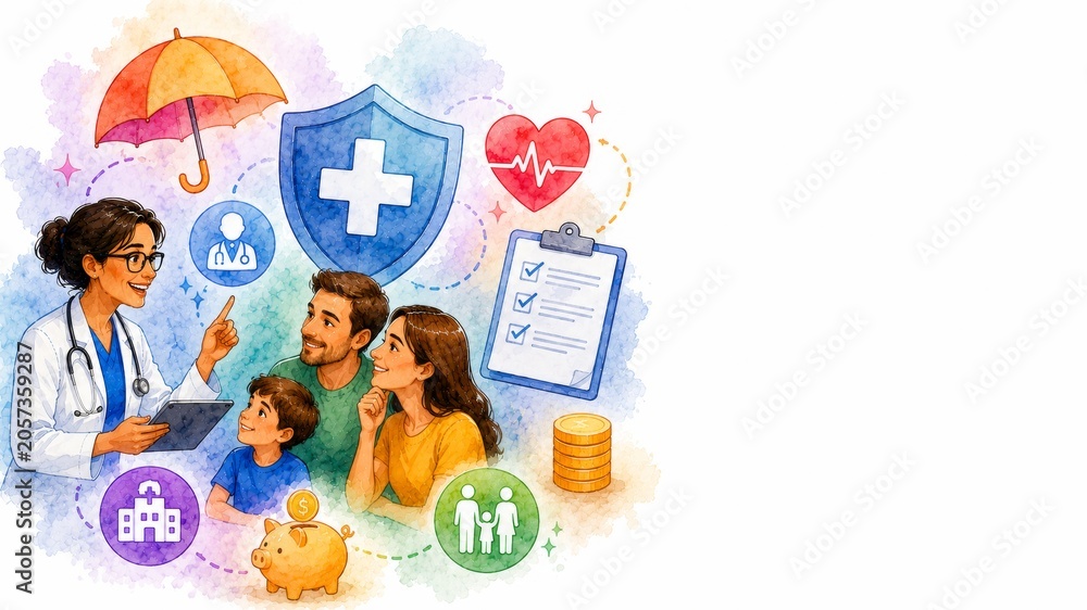 Fototapeta premium Family Consultation with a Doctor in a Colorful Health and Wellness Illustration Highlighting Insurance, Care, and Financial Aspects of Healthcare