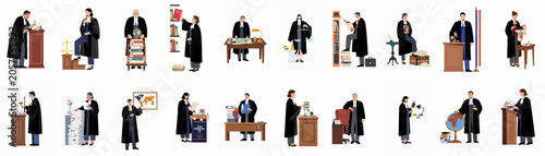 Quadro su tela A comprehensive set of illustrations depicting diverse judges and legal professionals in various courtroom and office settings, representing justice, law, and bureaucracy