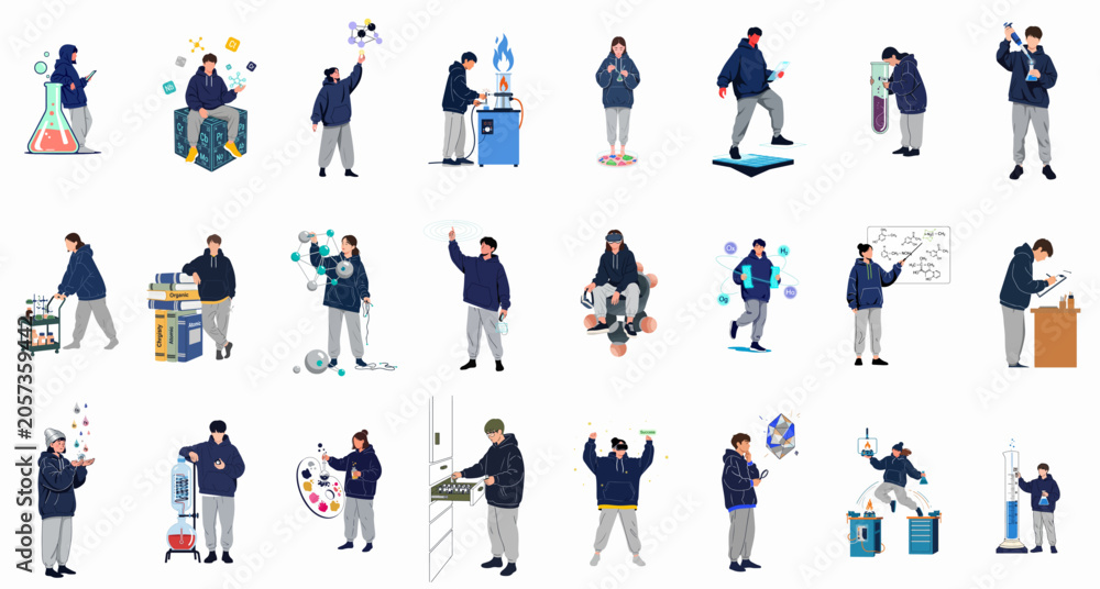 Fototapeta premium A collection of flat illustrations featuring young researchers and students performing various laboratory experiments, chemical research, and data analysis in a modern scientific environment.