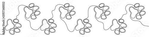 Foto Continuous horizontal border of multiple animal paw prints, drawn with one line