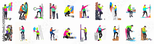 Cuadro en lienzo Collection of flat vector illustrations featuring young graffiti artists in various poses and activities, painting colorful street art on urban walls