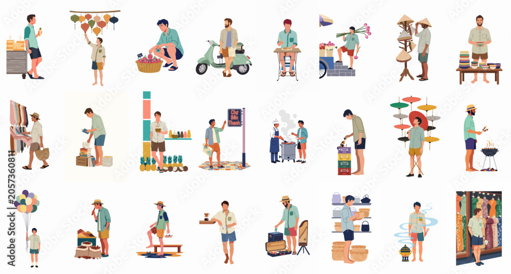 Fototapeta premium Collection of flat vector illustrations depicting a male tourist exploring various cultural activities, street food, and markets in a Southeast Asian setting.