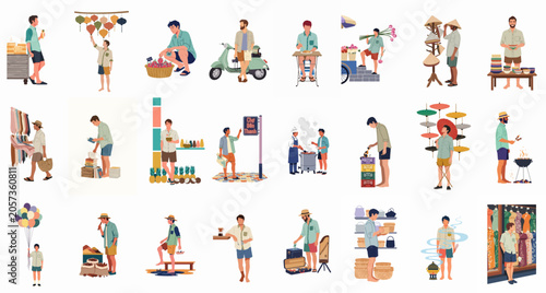 Foto Collection of flat vector illustrations depicting a male tourist exploring various cultural activities, street food, and markets in a Southeast Asian setting