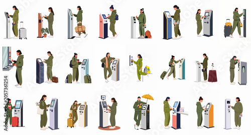 Fotografie Collection of flat illustrations depicting people using various self-service kiosks, terminals, and automated machines for travel, banking, and retail purposes
