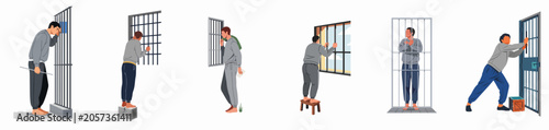 Schilderij op canvas Set of flat vector illustrations depicting male prisoners in various scenes within a jail cell, highlighting themes of confinement and hopelessness