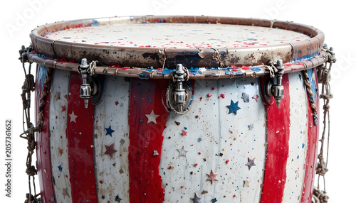 Drum painted with a rustic American flag motif stands against a white background, representing musical heritage and the historical spirit of traditional marching bands and patriotic performances.