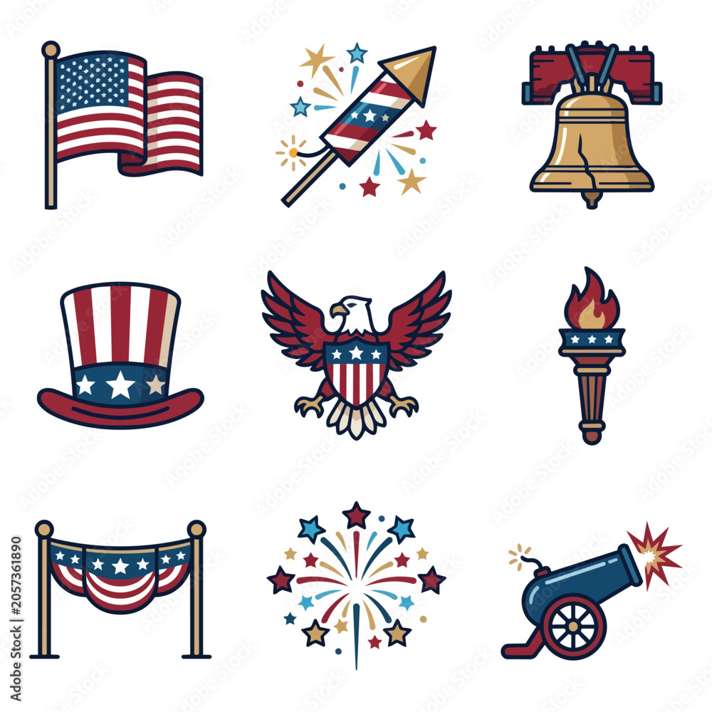 Fototapeta premium Collection of American Independence Day Symbols and Icons.