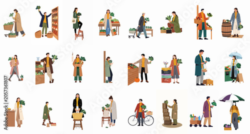 A collection of diverse people shopping for fresh organic vegetables and produce at a local market or grocery store, flat illustration set.