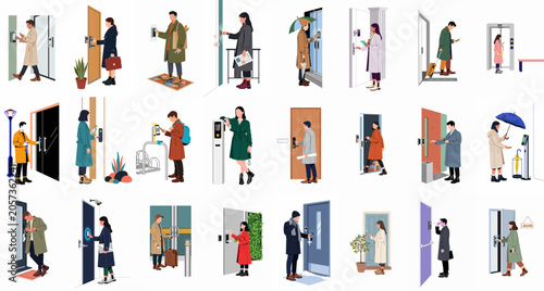 Obraz na płótnie Vector Illustration Set of People Using Smart Electronic Door Locks and Access C